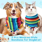 2 Pcs Mexican Dog Bandana Cinco De Mayo Fiesta Dog Costume Summer Mexican Pet Triangle Bib Adjustable with Pom Poms for Small Medium Pets Cats