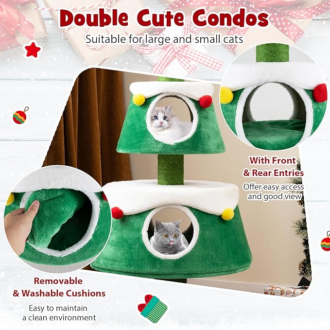 60" Christmas Cat Tower with 2-Level Cat Condos, Premium Scratching Posts,Star Design, Play Center for Kittens, Festive Cat Hideaway Furniture, Green