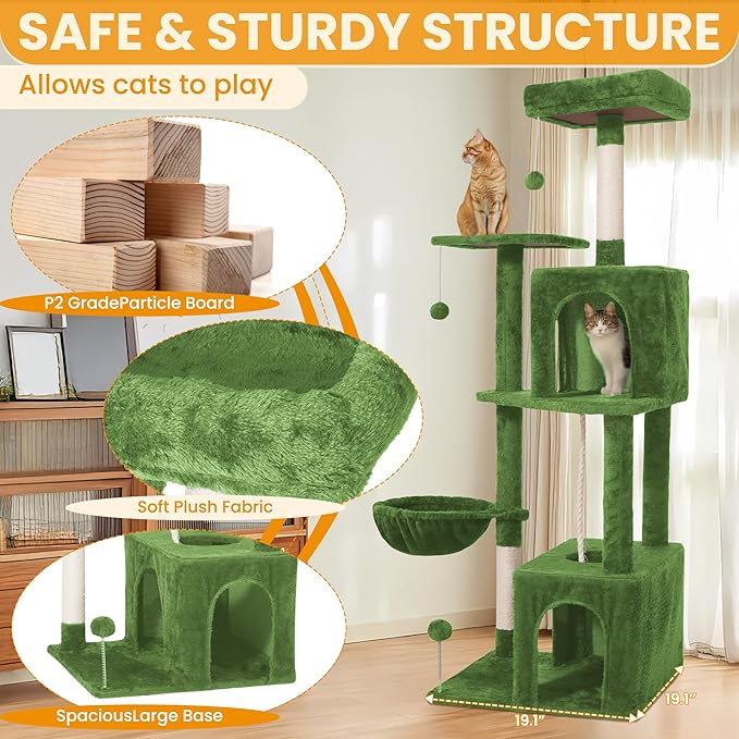 Cat Tree, 54-Inch Cat Tower for Indoor Cats,Plush Multi-Level Cat Condo with Scratching Posts, Basket, Perches,2 Caves,2 Pompoms(Green)