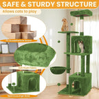 Cat Tree, 54-Inch Cat Tower for Indoor Cats,Plush Multi-Level Cat Condo with Scratching Posts, Basket, Perches,2 Caves,2 Pompoms(Green)