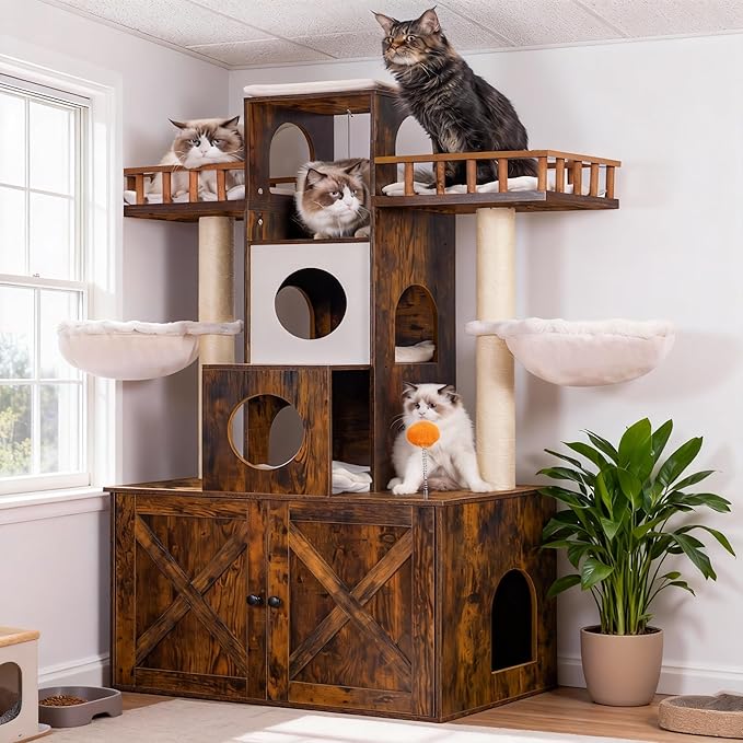 Heybly Cat Tree with Litter Box Enclosure for Indoor Big Cat, Cat Tower for Large Cats 20lbs Heavy Duty, Modern Cat Condo Furniture with Scratching Posts, Rustic Brown HCT110SR