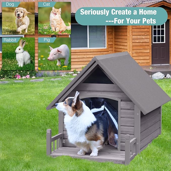 Dog House for Outdoor/Indoor, Weatherproof Outdoor Kennel for Large Dogs, Chew-Resistant Iron Frame & Asphalt Roof (Grey, L)