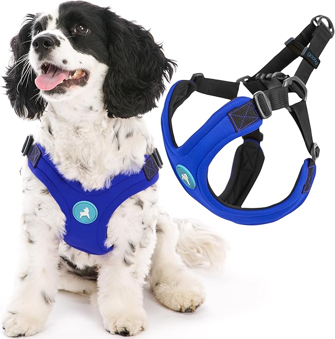 Gooby Escape Free Sport Harness - Blue, Large - No Choke Step-in Patented Neoprene Small Dog Harness with Four-Point Adjustment - Perfect on The Go Dog Harness for Medium Dogs No Pull and Small Dogs