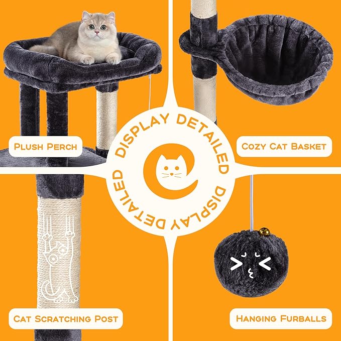 HOOMIC 36" Cat Tree for Indoor Kitty, Multi-Level Condo with Sisal Scratching Posts and Board, Cozy Hammock, Padded Plush Perch for Kittens, Dark Grey