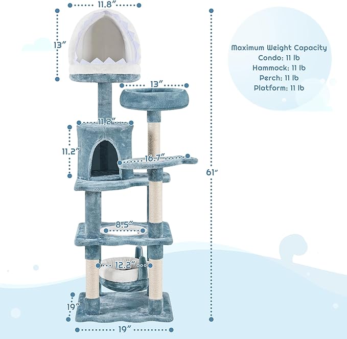 Topeakmart Cat Tree Ocean-Themed Cat Tower 61in, Multi-Level Cat Climbing Tree with Condo, Sisal Scratching Posts, Round Entrance, Perches, Hammock