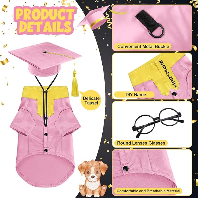 5 Pcs Dog Graduation Costume Set Include 2026 Pet Graduation Gown with Stole Puppy Grad Cap Lensless Glasses DIY Letter Stickers for Dogs Cats Holiday Costume Accessory(Pink Yellow,L)