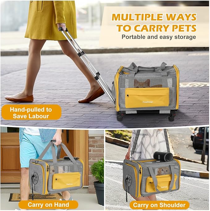 Pawinner Pet Carrier with Wheels, 17.7" x 13" x 13" Airline Approved Cat Carrier for Pets up to 20lbs, Newly Designed Rolling Travel Bag with Telescopic Handle, for Small Dogs and All-Breed Cats