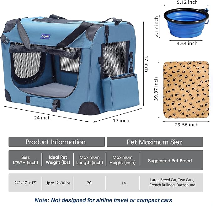 Petprsco Portable Collapsible Dog Crate, Travel Dog Crate 24x17x17 with Soft Warm Blanket and Foldable Bowl for Large Cats & Small Dogs Indoor and Outdoor