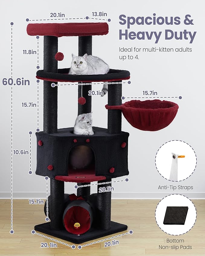 Heavy Duty Cat Tree for Large Cats Adult - 60 Inch XXL Sturdy Cat Tower Condo with Extra Wide Scratching Posts (φ4.4in) Big Cat House Hammock Perch - Indoor Wood Modern Multi Level Corner Cat Bed