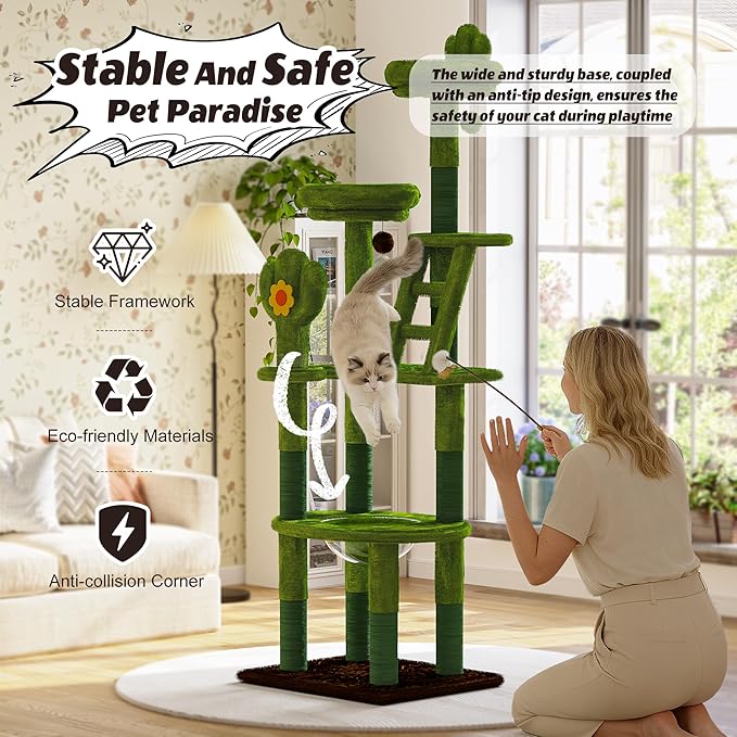 72in Cat Tree Tall Cat Tower for Indoor Cats with Transparent Capsule, Sisal Scratching Posts, Plush Perches, Multi-Level Cat Activity Center Furniture for Kittens and Large Cats (Green, 72.05in)