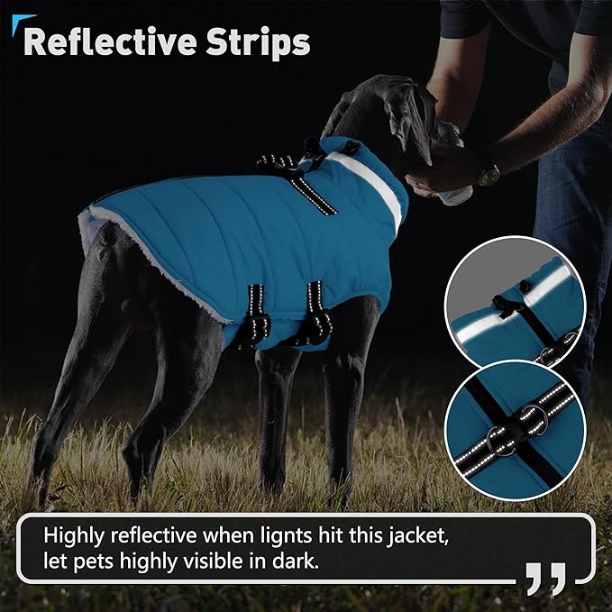 Dogcheer Dog Coat with Harness, Waterproof Dog Jacket Adjustable Pet Winter Coat with Zipper, Christmas Puppy Snow Jacket Fleece Sweater for Small Medium Large Dogs - Sky Blue L