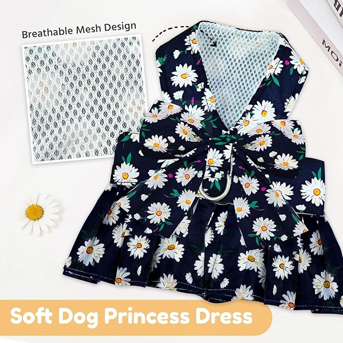 BAEJMJK Dog Dress Bowknot Harness Leash Set for Small Dogs Cats Daisy Floral Girl Dog Dresses Cute Puppy Princess Clothes Pet Doggy Outfits Spring Summer Breathable Dresses (X-Small, Navy Blue)