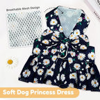 BAEJMJK Dog Dress Bowknot Harness Leash Set for Small Dogs Cats Daisy Floral Girl Dog Dresses Cute Puppy Princess Clothes Pet Doggy Outfits Spring Summer Breathable Dresses (X-Small, Navy Blue)