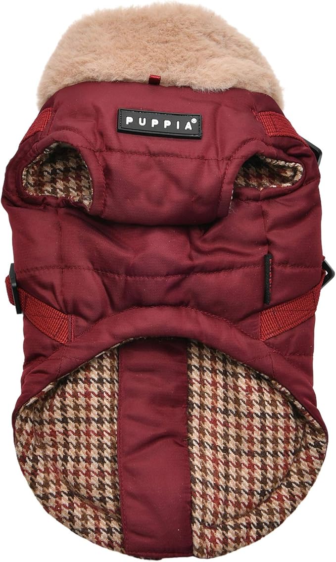 Puppia Donavan Winter Dog Coat with Integrated Harness No Pull Cold Weather Waterproof Warm Fleece Back Zipper for Small & Medium Dog, Wine, XX-Large