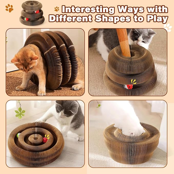 2 PCS Magic Organ Cat Scratcher Board with 6 Balls, Foldable Recyclable Accordion Cats Toy with Ball and Track Adventure, Cat Scratching Pad, Retractable Reversible Furniture Protector(Brown)