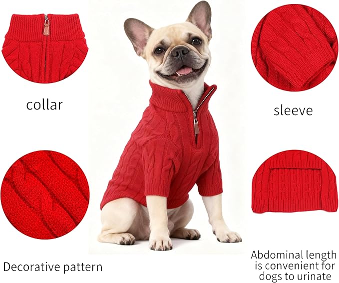 Small/Medium Dog Sweater, Warm Dog Winter Coat w/Sleeves, Comfortable High Neck Premium Dog Clothes for Bulldog-Best for Holidays, Daily Walks L Red