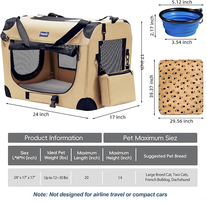 Petprsco Portable Collapsible Dog Crate, Travel Dog Crate 24x17x17 with Soft Warm Blanket and Foldable Bowl for Large Cats & Small Dogs Indoor and Outdoor