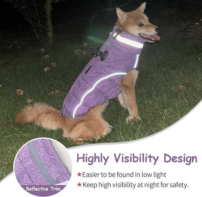 Malier Dog Coat, Reflective Dog Jacket Waterproof Windproof Puppy Cold Weather Coats with Harness Built in, Winter Extra Warm Pet Coat Fleece Vest for Small Large Pets and Puppy (Purple, X-Small)