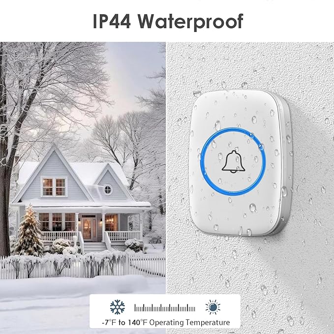 Wireless Doorbell, FullHouse Waterproof Door Bell Kit, Distinguish front and rear doors, Over 1000 feet Range and 60 Chime, 5 Levels Volume and LED Flash, for Home Office Classroom