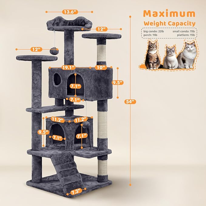 Yaheetech 54in Cat Tree, Multi-Level Cat Tower with Spacious Kitten-ear Perch, 2 Cozy Caves, Scratching Posts, Climbing Ladder, 2 Plush Balls, Durable Pet House Furniture for Indoor Kittens, Dark Gray