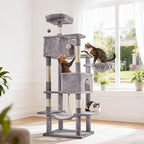 Cat Tree for Indoor Cats, 66 Inches Cat Tower with Scratching Post, Multi-Level Climbing Tree Cat House Padded Plush Perch, Cat Condo Activity Center with Pompoms, Kittens Pet Play House, Light Gray