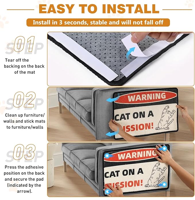 Cat Scratcher Post Mat (Use on Wall, Couch and Carpet), Durable and Shedding-Resistant Cat Scratching Surface - 21.7x13 inch with Hoop and Loop Adhesives, Twist Pins (Black)