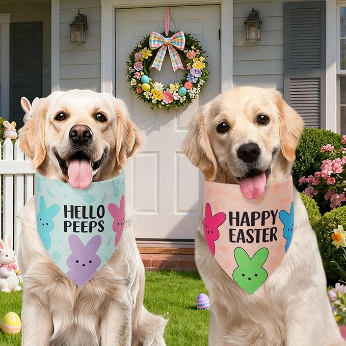 Easter Dog Bandanas Small 2PCS, 4 Pattern Colorful Scarf for Boy and Girl, Triangle Reversible Bibs Breed for Puppy Cats Pets