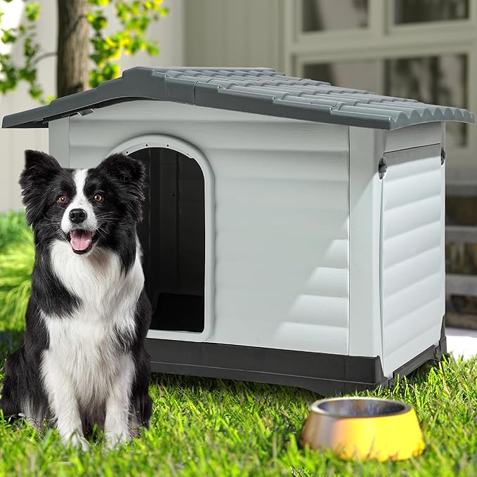 DWVO 36'' 2-Door Dog House with Elevated Base & Cushion, Plastic Pet House for Small and Medium Dogs, Easy Assembly, Water-Resistant for Indoor/Outdoor Use (36''L x 27.1''W x 26''H)