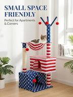 American Flag Cat Tree for Kittens & Senior Cats, 45” Stable Cat Tower Corner Fit, Patriotic Star & Stripes Cat House for Small Spaces with 2 Condos, Hammock & Reinforced Scratching Posts