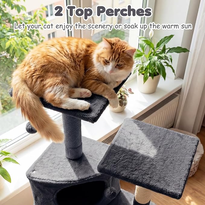 Tangkula Corner Cat Tree, Multi-Level Cat Tower with Top Perches & Cozy Condo, Natural Sisal Scratching Posts & Climbing Ladder, Playful Cat Hole & Hanging Balls, Climbing Play Center (Dark Gray)