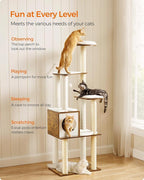 Feandrea Cat Tree, 64.6-Inch Modern Cat Tower, Multi-Level Condo with 5 Scratching Posts, Perch, Washable Removable Cushions, Cave, Rustic Brown UPCT166X01