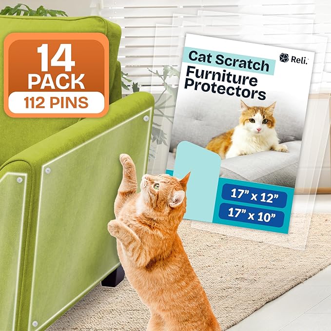 Reli. Cat Scratch Furniture Protector (14 Pack w/Pins) XL | Cat Couch Protector from Claws | Clear Plastic Anti Scratch Furniture Shield for Sofa