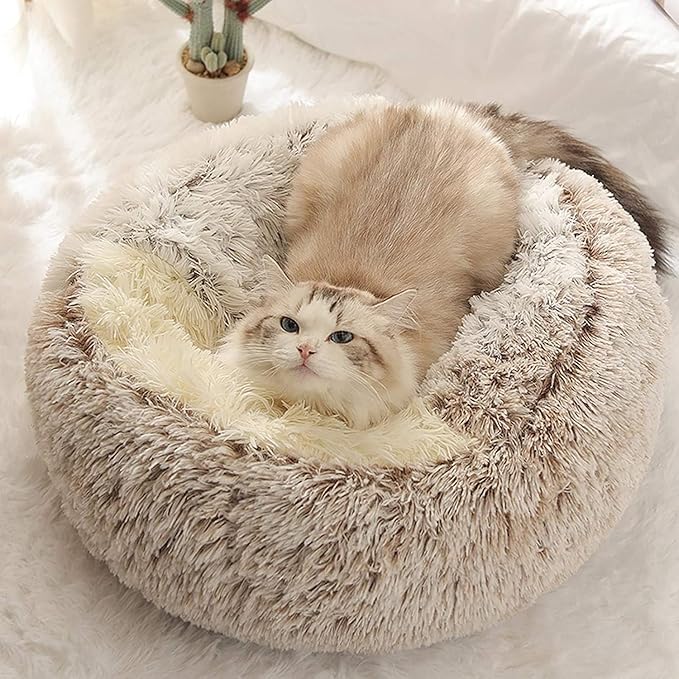 Cat Bed Round Fluffy Hooded Cat Bed Cave, Anti-Anxiety Cave Bed with Hooded Blanket, Cozy Cuddler Luxury Puppy Pet Bed, Anti-Slip Bottom and Machine Washable (Coffee, Large)