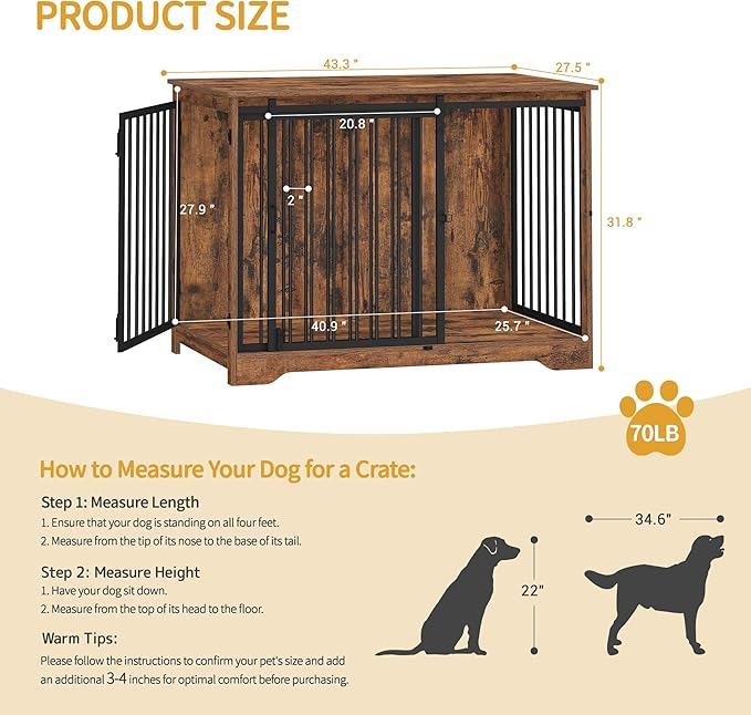 43.3" Dog Crate Furniture with Barn Door, Heavy Duty Dog Kennel Indoor with 2 Doors, Wooden Pet Cage End Table for Large Small Medium Dogs, Anti-Chew Anti-Escape, Rustic Brown DFC92301B