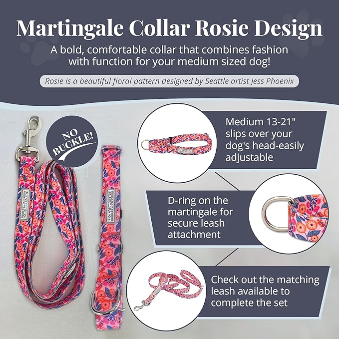 Lucky Love Dog Martingale Dog Collar - Adjustable, No-Slip, Durable, & Soft Webbing Collar for Male and Female Dogs Ideal for Training & Walking - Rosie, Medium