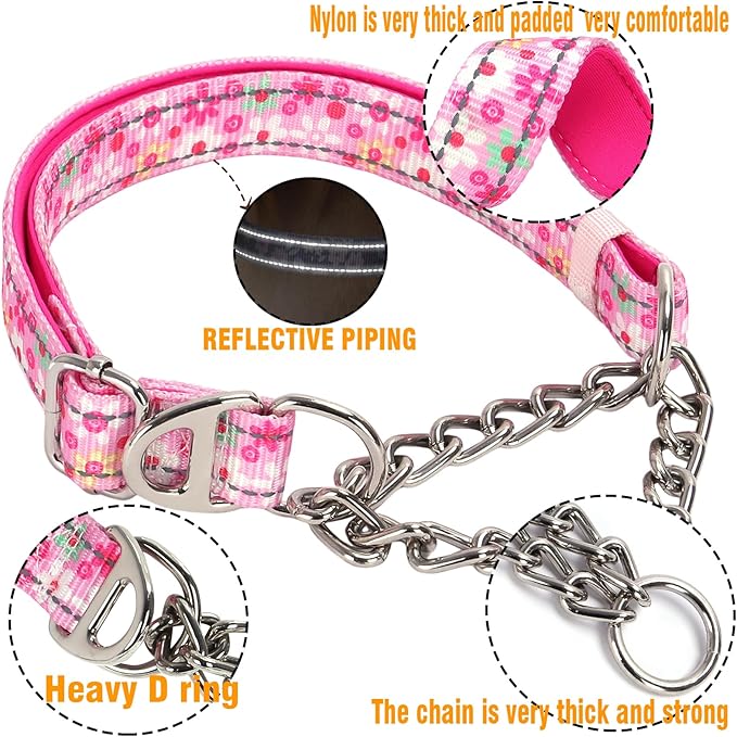 Reflective Martingale Dog Collar with Soft Padded,Adjustable Heavy Duty Choke Steel Chain Big Dog Training, Walking, Hunting Collar for All Breeds (Pink Flowers L)