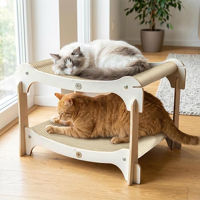 Two-Tier Sisal Cat Scratcher Bed - Large Scratching Board with Lounger Cat Scratch Pad, Sturdy Wooden Scratching Post for Indoor Kittens&Adult Cats, Easy Assemble Elevated Cats Bed Furniture