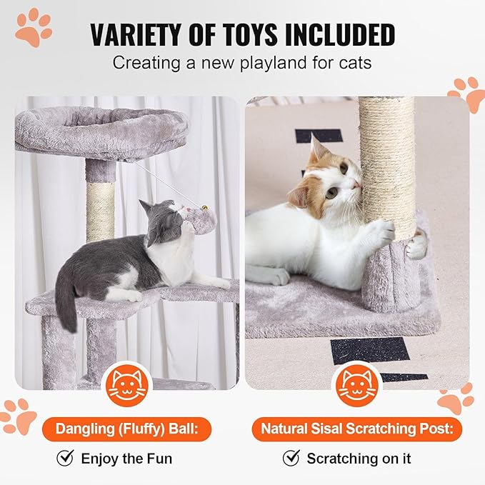 Multi-Level Cat Tree Tower with Sisal Scratching Posts, Plush Condo & Toys - Durable Cat Activity Center for Indoor Cats (Light Grey, 68.5)