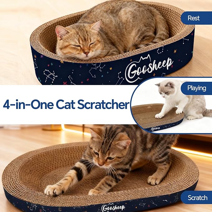 4-in-1 Cat Scratcher and Bed, 2 Scratching Pads & 2 Oval Loungers for Indoor Cats, Multi-Cat Household Cardboard Scratcher Furniture with Cat Bed Design to Save Your Couch