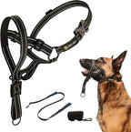 Dog Headcollar With Leash And Safety Strap Stops Heavy Pulling On The Leash Padded Reflective Head Halter For Small Medium Large Dogs Adjustable Head Harness For Training And Walking, (L, Black)