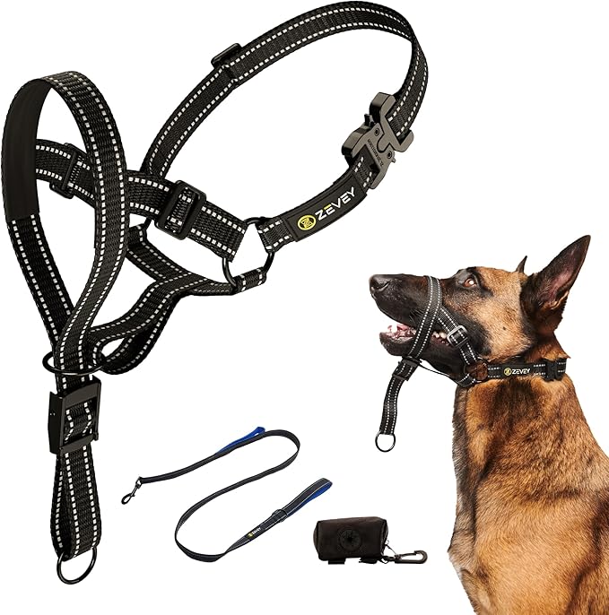 Dog Headcollar With Leash And Safety Strap Stops Heavy Pulling On The Leash Padded Reflective Head Halter For Small Medium Large Dogs Adjustable Head Harness For Training And Walking, (L, Black)
