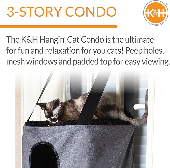 K&H Pet Products Hangin Cat Tree Condo 3 Level Door Mounted Cat Furniture, Space Saving, Mesh Level, Peep Holes, Interconnecting Levels, Collapsible, Tool-Free Assembly - Gray - Fits Doors <80in H