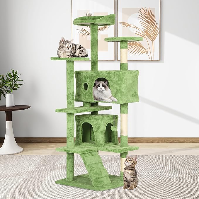 Heavy Duty Cat Tree,54 Inch Tall Cat Tower,2 Cozy Condos,Scratching Posts,Ladders & Sisal Pole,Multi-Level Perches Platforms for Indoor Cats,Sturdy Pet Climbing Furniture,Green