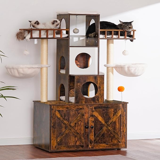 Heybly Cat Tree with Litter Box Enclosure for Indoor Big Cat, Cat Tower for Large Cats 20lbs Heavy Duty, Modern Cat Condo Furniture with Scratching Posts, Rustic Brown HCT110SR