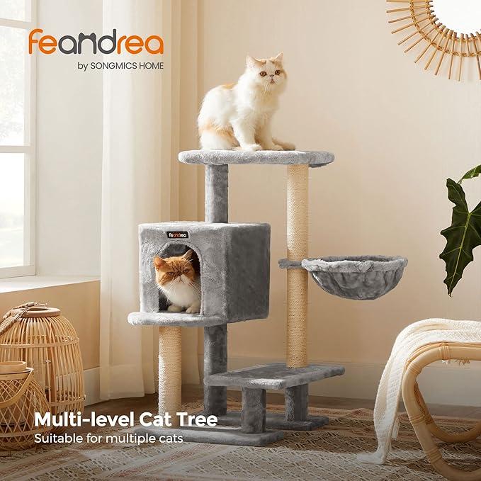 Feandrea Cat Tree, Small Cat Tower, 33.1-Inch Cat Condo with Basket, Cat Cave, Removable Washable Cover for Top Perch, for Small Spaces, Light Gray UPCT142W01
