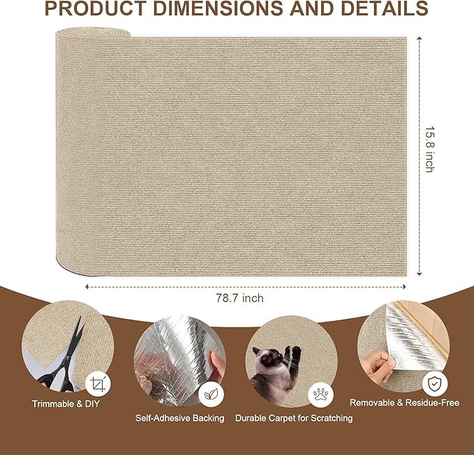 Cat Scratching Mat, 78.7"x15.8" Self-Adhesive Carpet Mat Trimmable Replacement for Cat Tree, Cat Wall Shelves, Cat Scratching Post, DIY Couch Sofa Furniture Door Protector
