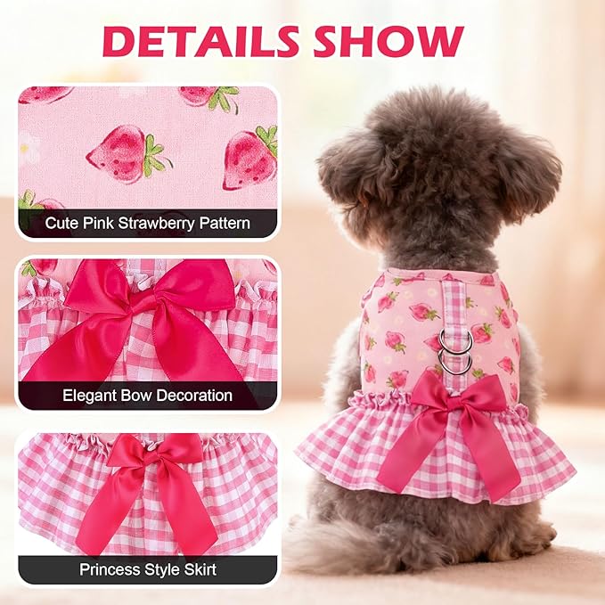 EXPAWLORER Dog Harness Small Medium Sized Dogs, Plaid Dog Dress Bowknot Harness and Leash Set, No Choke No Pull Soft Mesh Vest Cute Princess Puppy Outfits Clothes Costume for Girls Party Cats Pink XS