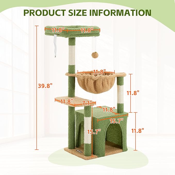 Cat Tree for Indoor Cats, 39.8-inch Cat Tower with 2 Plush Perches for Play & Rest, 1 Cozy Hideaway, Dangling Toy & Full Sisal Scratching Posts for Indoor Cats, Green