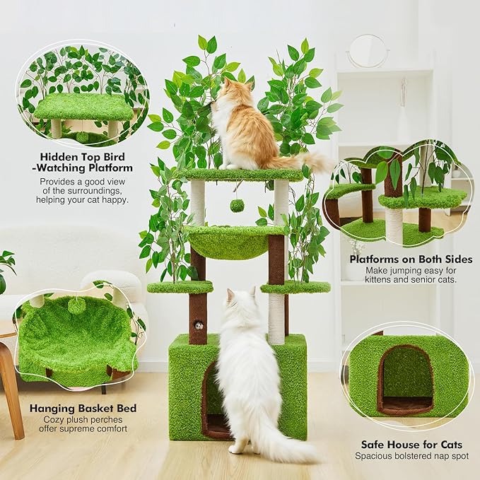 60 inch Cat Tree with Leaves for Climbing, Hiding and Sleeping Cat Tower with Hammock, Scratching Post and Large Cat House
