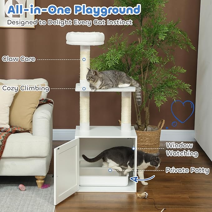 PawHut Cat Tree with Litter Box Enclosure, 2-in-1 Cat Tower with Bed, Climbing Platforms, Scratching Posts, Modern Pet Furniture for Indoor Kittens, White